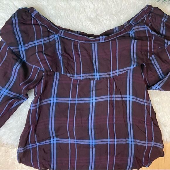 Loft purple plaid casual off the shoulder ruffled sleeves top blouse S - Picture 9 of 15